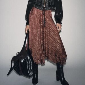 Zara🔥Metalic Skirt Flowy Printed Long Midwaist Multicolored Copper Trendy